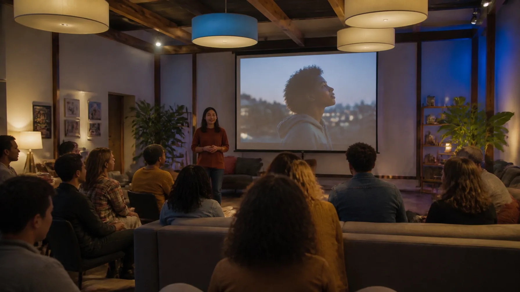 Small community audience viewing a short film in a welcoming public room