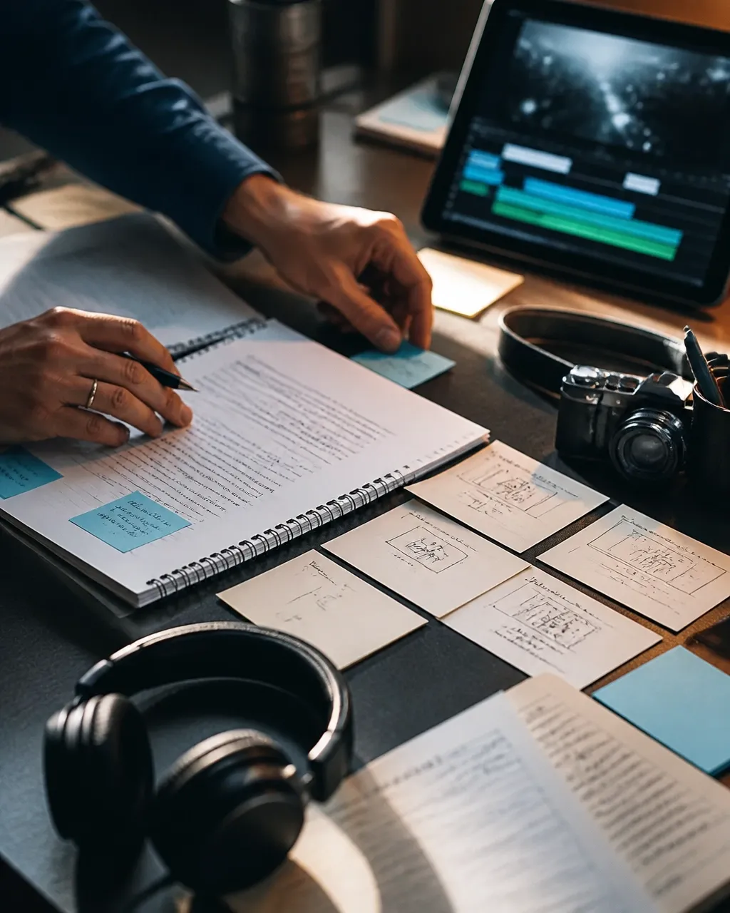 Editor arranging manuscript pages, story cards, headphones, camera, and tablet