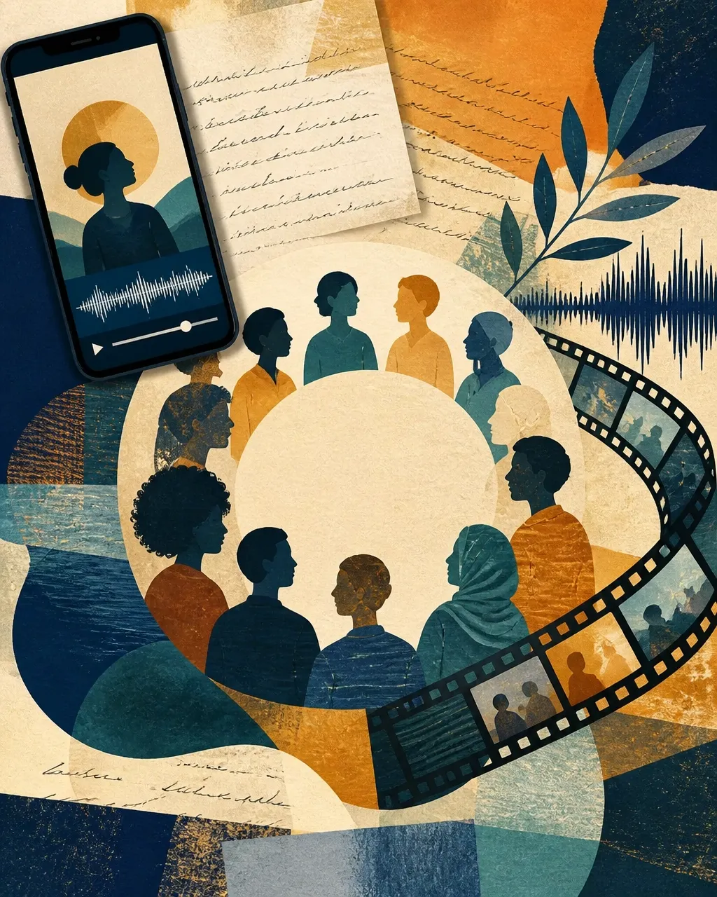 Editorial collage showing a smartphone, manuscript, audio waveform, and film strip