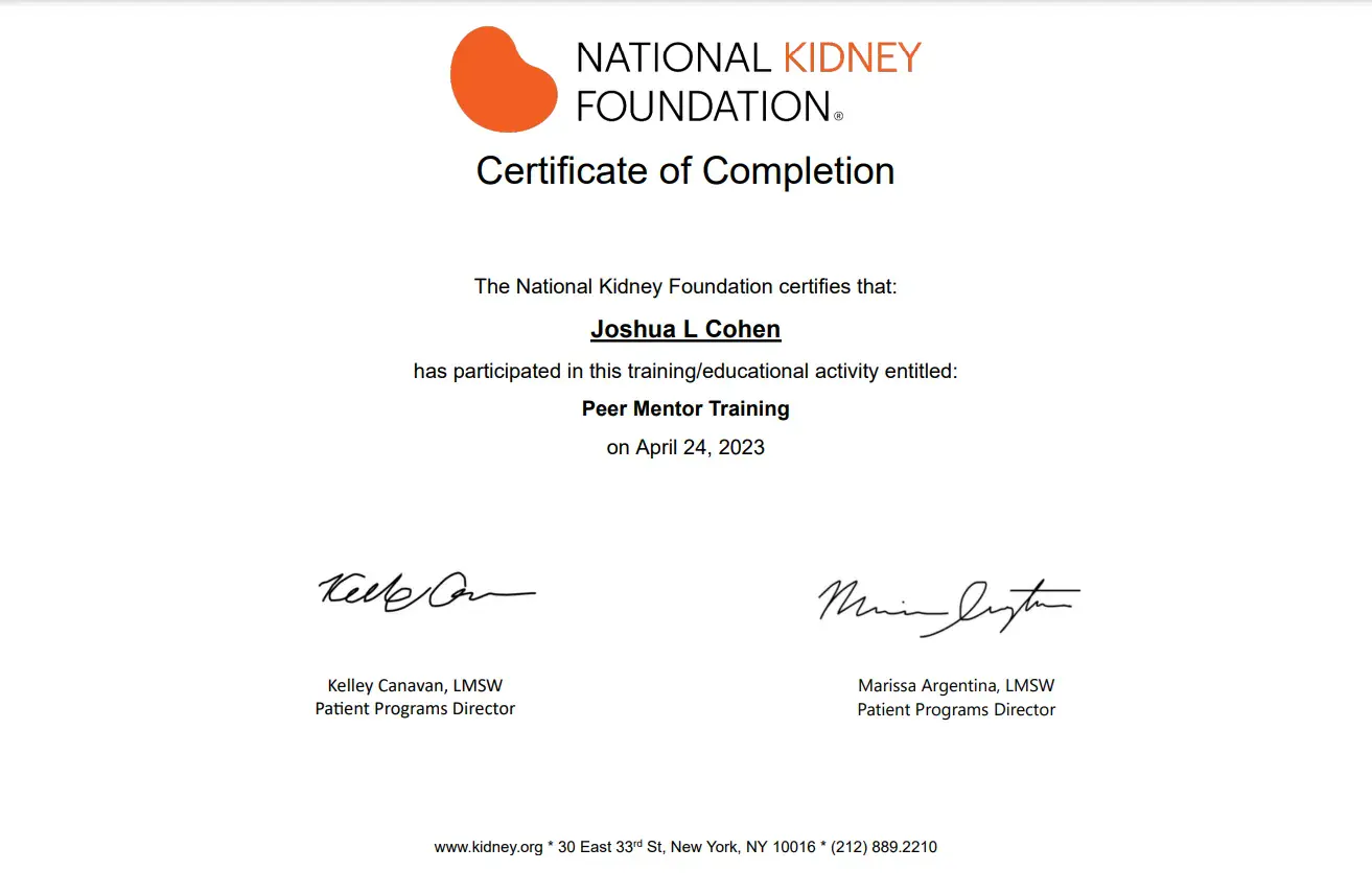 National Kidney Foundation certificate of completion for Joshua L. Cohen